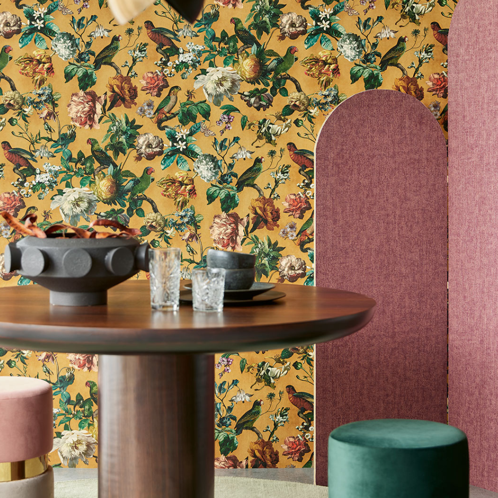 Romantische Vliestapete im Vintage-Look mit Vögeln und Blumen - Raumtapeterie