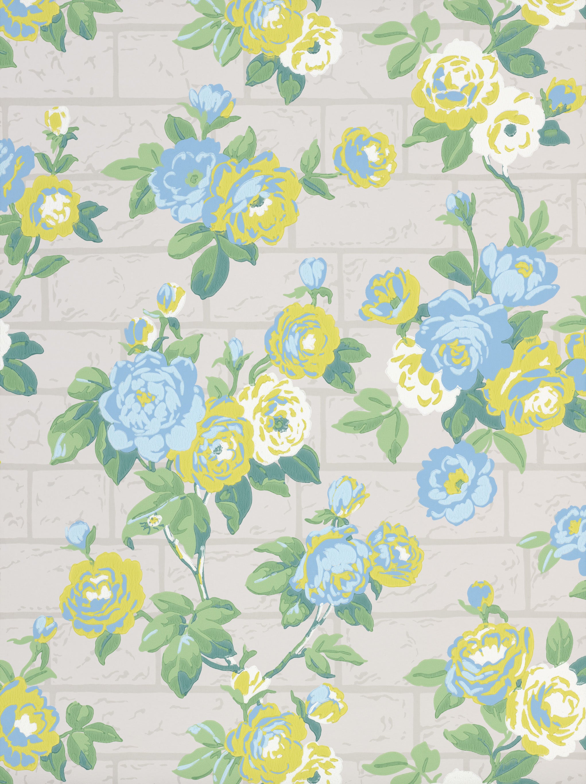Rose Garden – Tapete „Rosengarten“ mit Brick-/Gartenmauer-Charakter - Raumtapeterie