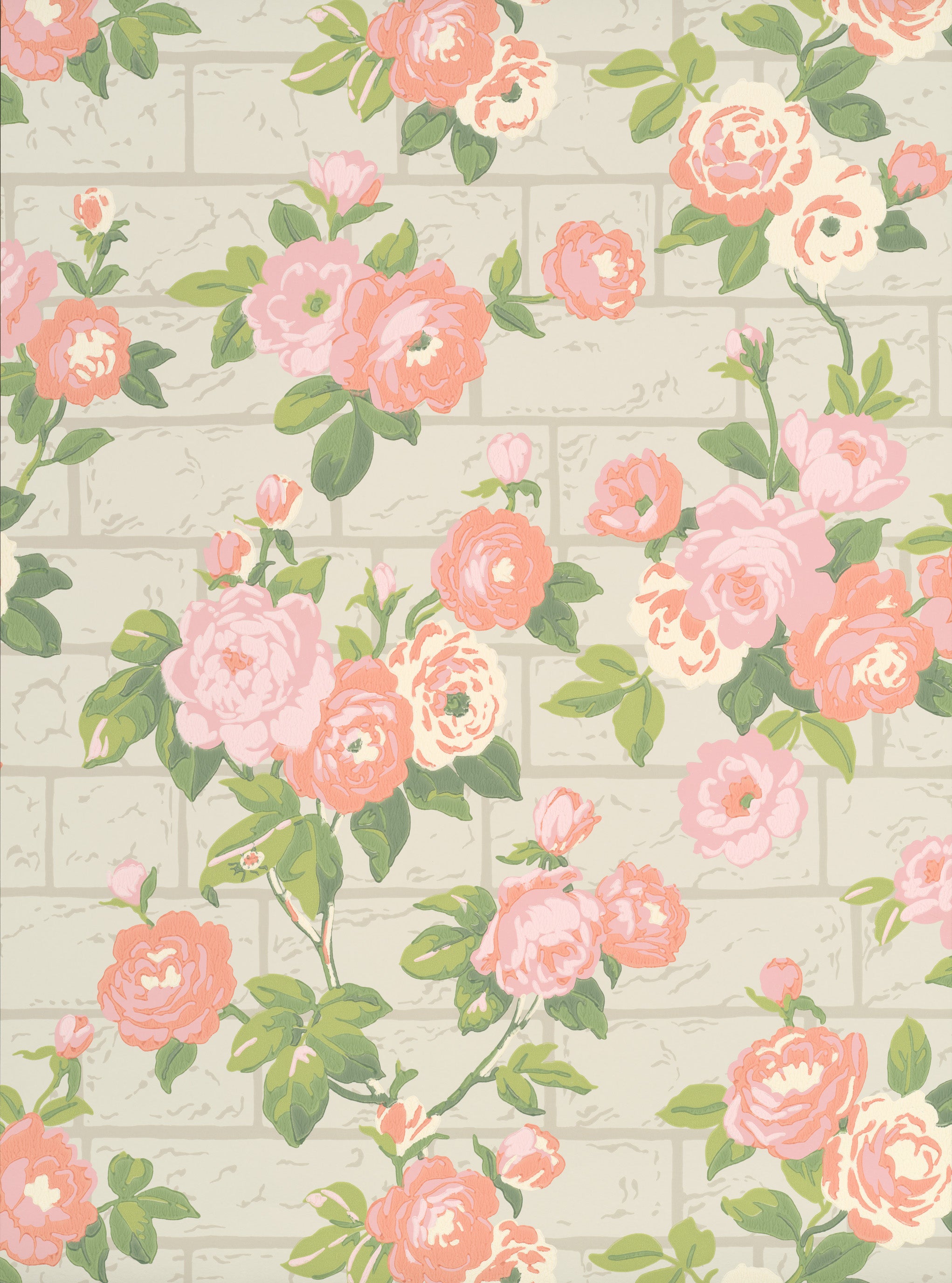 Rose Garden – Tapete „Rosengarten“ mit Brick-/Gartenmauer-Charakter - Raumtapeterie