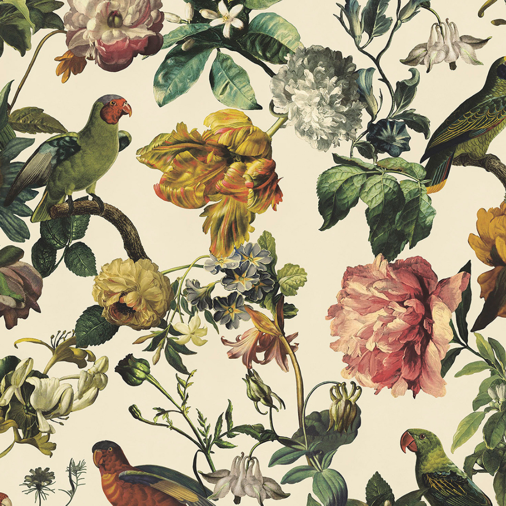 Romantische Vliestapete im Vintage-Look mit Vögeln und Blumen - Raumtapeterie