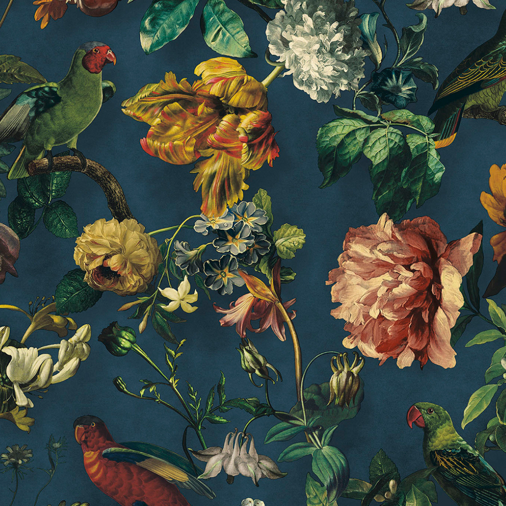 Romantische Vliestapete im Vintage-Look mit Vögeln und Blumen - Raumtapeterie