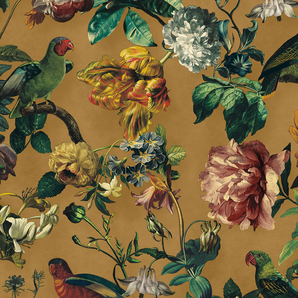 Romantische Vliestapete im Vintage-Look mit Vögeln und Blumen - Raumtapeterie