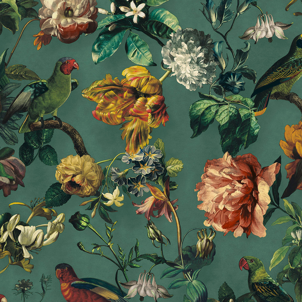 Romantische Vliestapete im Vintage-Look mit Vögeln und Blumen - Raumtapeterie