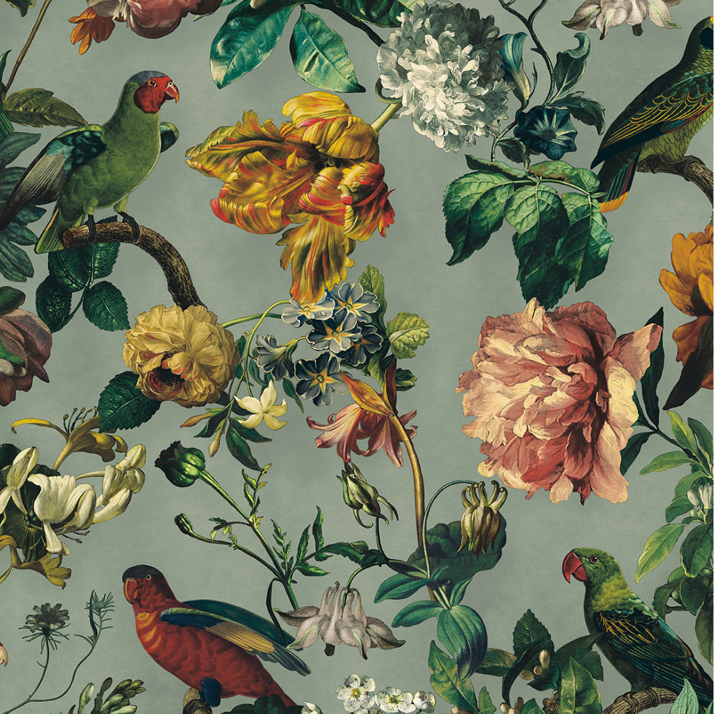 Romantische Vliestapete im Vintage-Look mit Vögeln und Blumen - Raumtapeterie